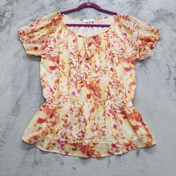 Calvin Klein Top Womens XL Orange Chiffon Lined Short Sleeve Blouson Peplum Tie - Picture 1 of 10